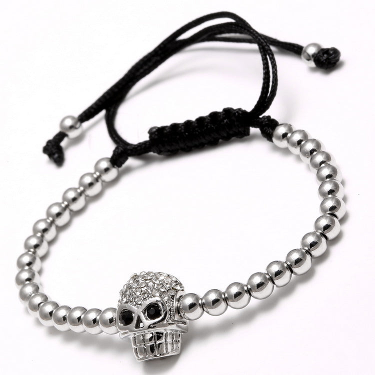 Wholesale Braided Zircon 4mm Copper Beads Skull Men's Adjustable Bracelet